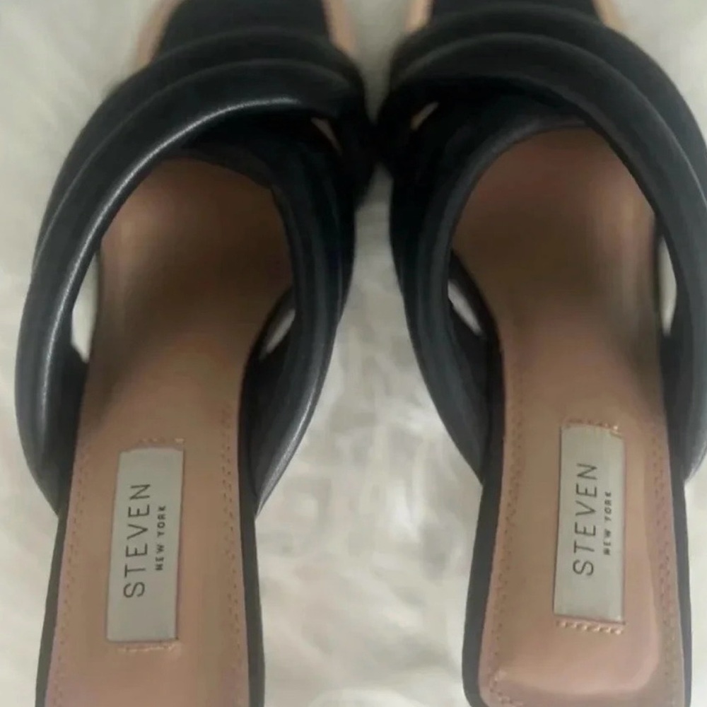 Steven New York Black Padded Knot Mule Heels Size 7 EUC Square Toe - Picture 5 of 7